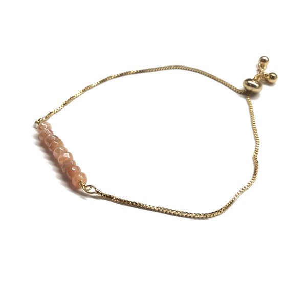 Natural peach moonstone gemstone bar gold stainless steel box chain adjustable bracelet