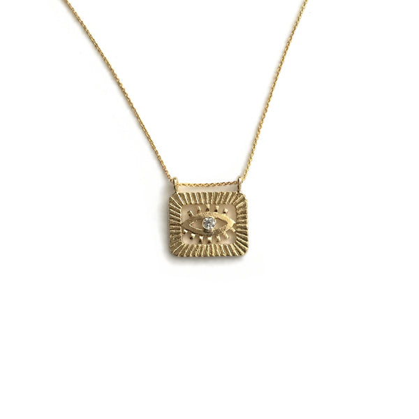 gold evil eye rectangle tag cubic zirconia necklace