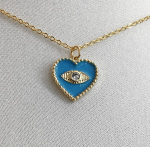 gold evil eye heart blue enamel necklace