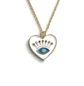 gold evil eye heart white enamel heart necklace