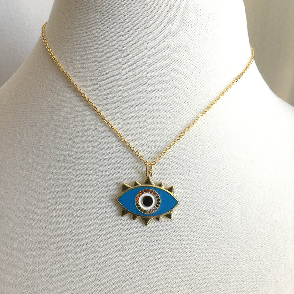 gold evil eye teardrop blue enamel colorful cubic zirconia necklace