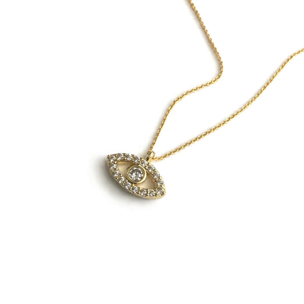 gold evil eye tiny micro pave cubic zirconia diamonds pendant necklace