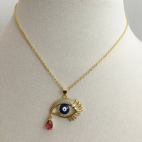 evil eye gold plated eyelashes cubic zirconia necklace