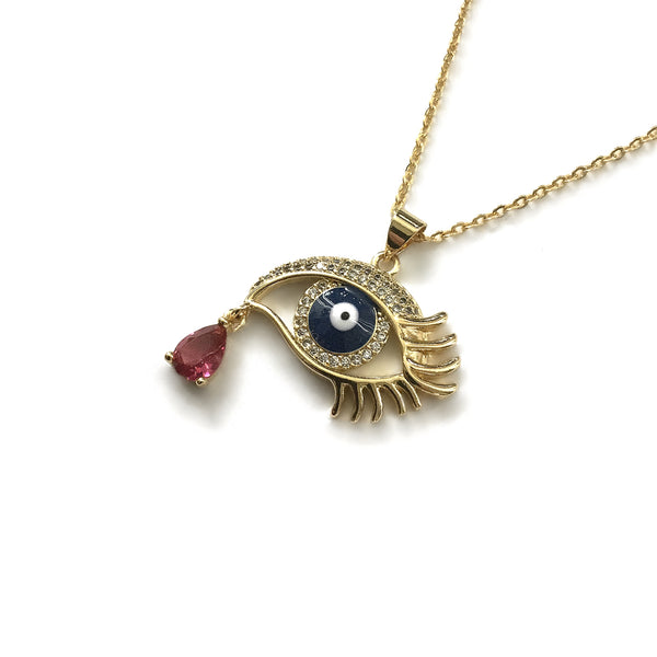 gold plated evil eye cubic zirconia pink garnet teardrop necklace