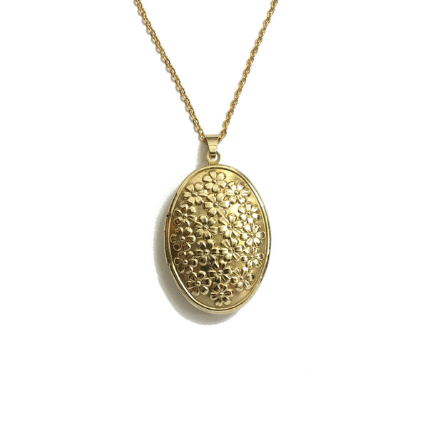 gold oval daisy floral locket necklace