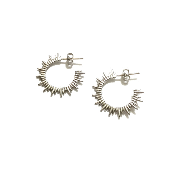Silver rhodium plated matte sunburst hoop earrings with sterling silver posts