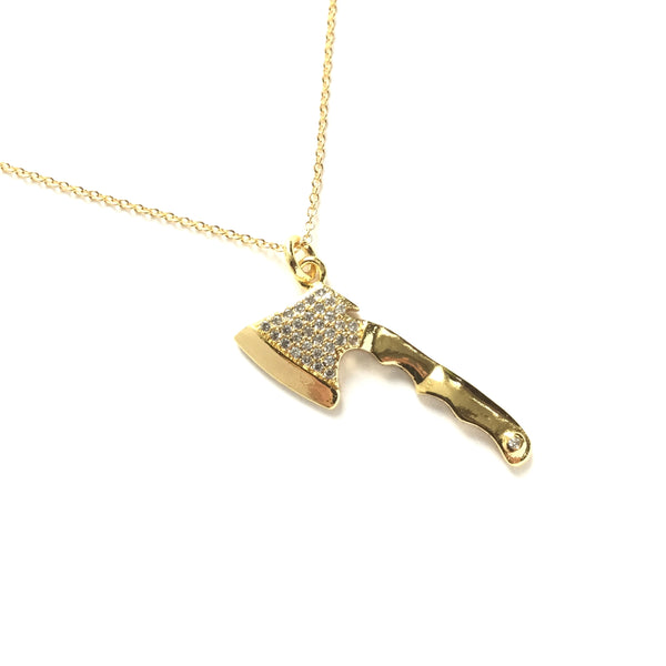 Gold plated axe with tiny cubic zirconia necklace