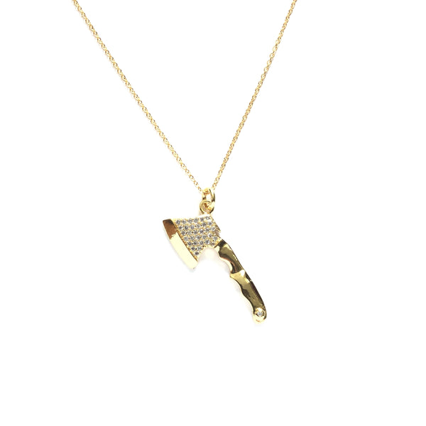 Gold plated axe with tiny cubic zirconia necklace