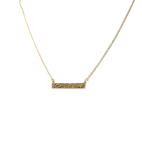 Gold Bar Cubic Zirconia Diamond Hammered Necklace