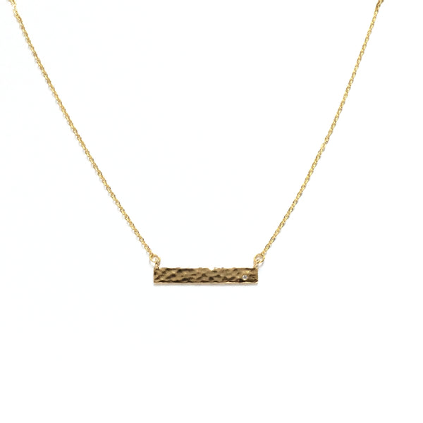 Gold Bar Cubic Zirconia Diamond Hammered Necklace