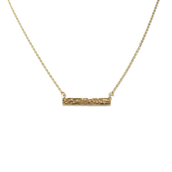 Gold Bar Cubic Zirconia Diamond Hammered Necklace