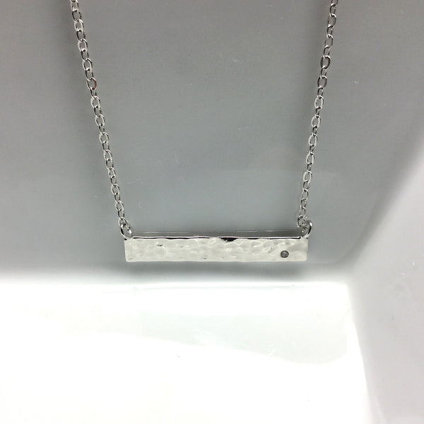 Cubic Zirconia Diamond Hammered Silver Bar Necklace