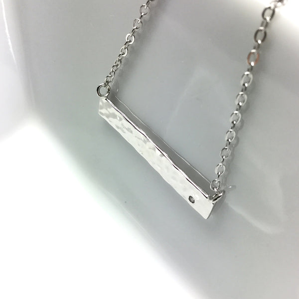 silver bar hammered cz diamond necklace