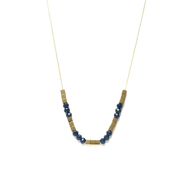 Gold square hematite beads spacers with faceted ocean blue glass bead on a thread chain necklace