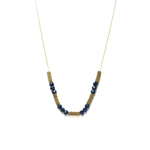 Gold square hematite beads spacers with faceted ocean blue glass bead necklace