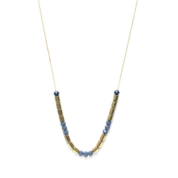 Golden brass tube bead spacers with tiny faceted electric blue glass beads on a thread chain necklace