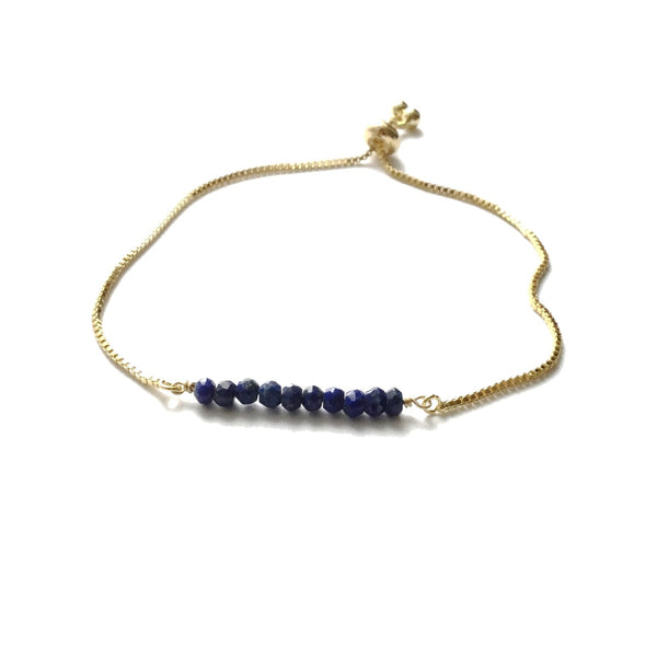 Natural lapis lazuli gemstone bar gold stainless steel box chain adjustable bracelet