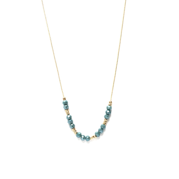 Faceted blue glass and tiny gold bead spacer necklace