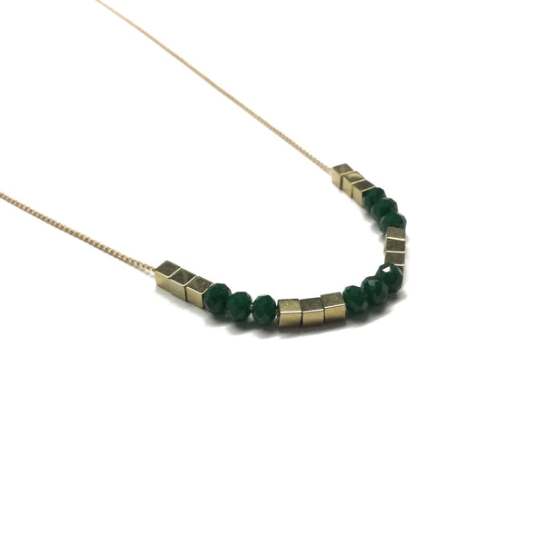 Gold square hematite beads spacers with faceted emerald deep green glass bead necklace