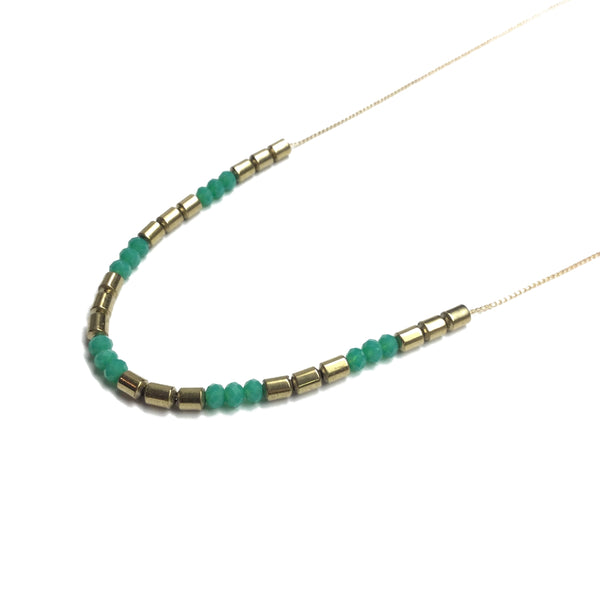 Gold and Electric Green Glass Bead Necklace