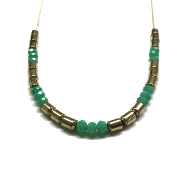 green gold boho bead necklace