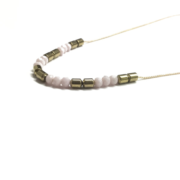 Gold plated pink glass and gold tube bead necklace