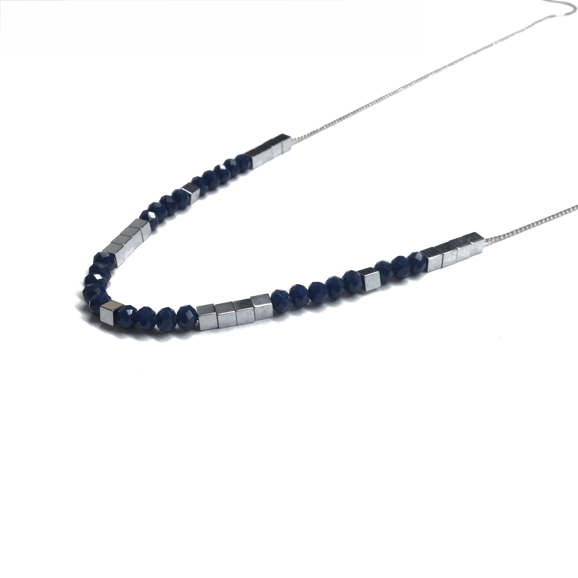 silver hematite blue bead necklace