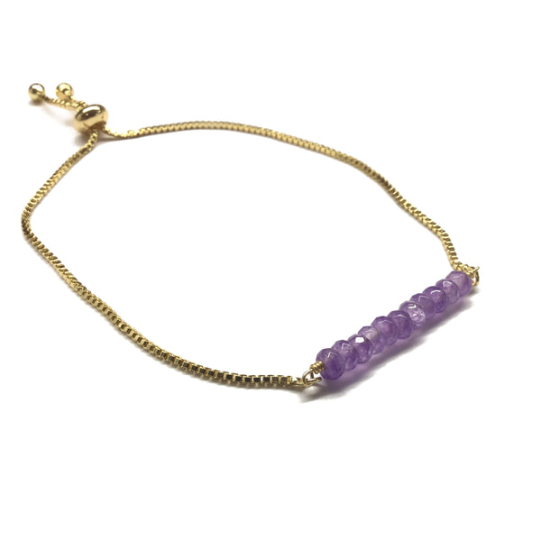 Natural amethyst gemstone bar gold stainless steel box chain adjustable bracelet