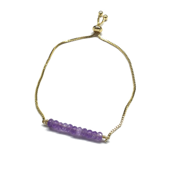 Natural amethyst gemstone bar gold stainless steel box chain adjustable bracelet