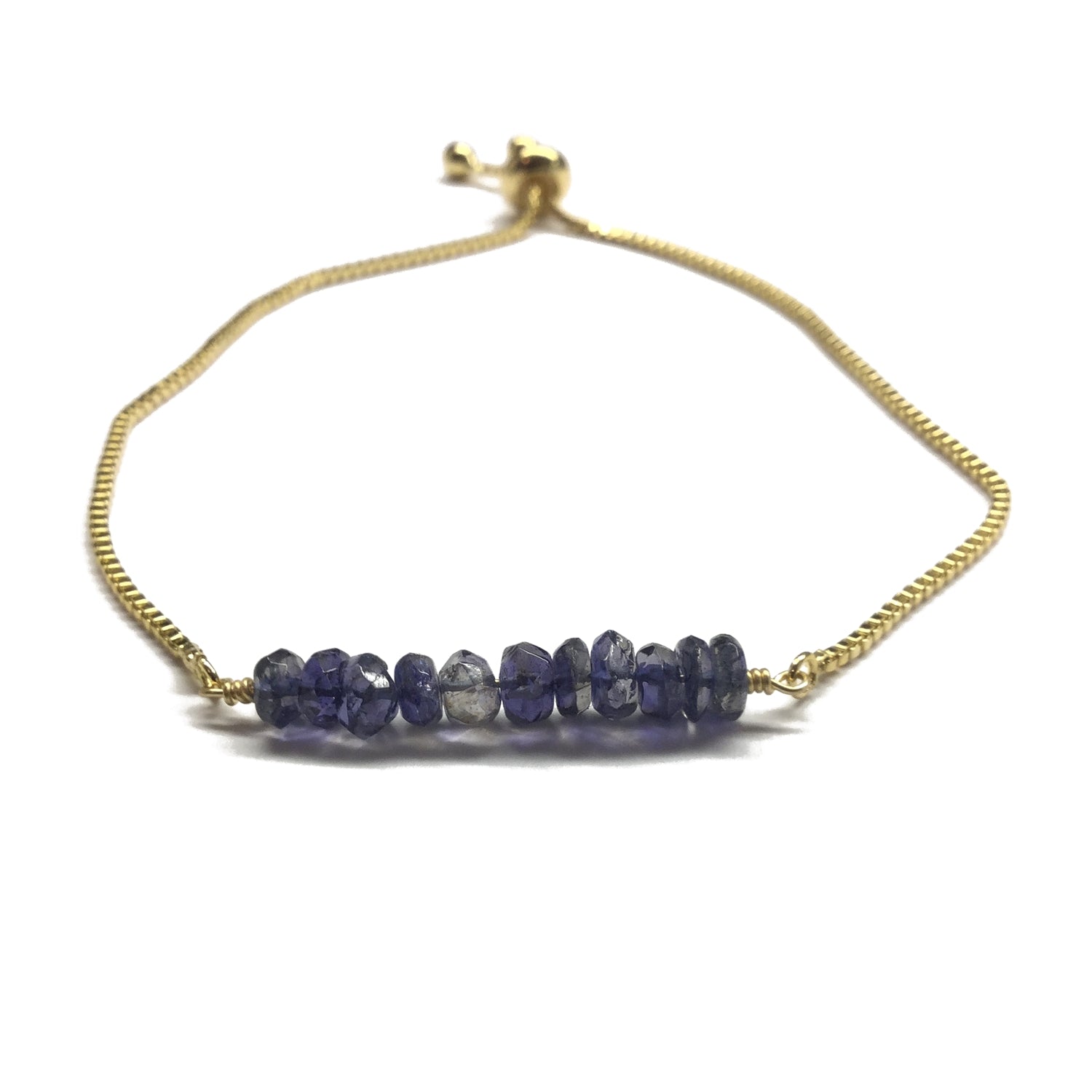 Natural iolite gemstone bar gold stainless steel box chain adjustable bracelet
