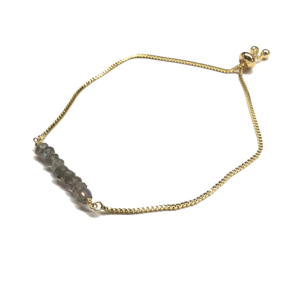 Natural labradorite gemstone bar gold stainless steel box chain adjustable bracelet