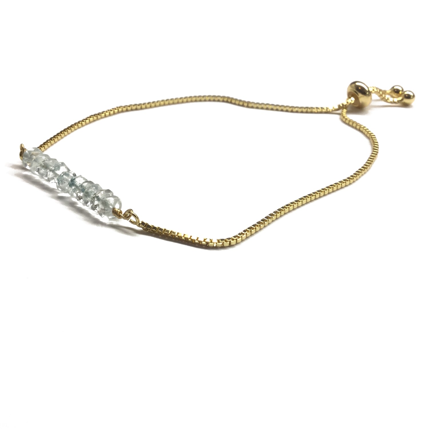 Natural blue aquamarine gemstone bar gold stainless steel box chain adjustable bracelet
