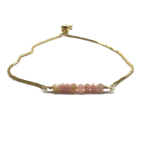 Natural pink opal gemstone bar gold stainless steel box chain adjustable bracelet