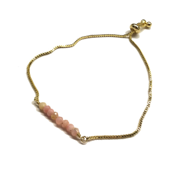 Natural pink opal gemstone bar gold stainless steel box chain adjustable bracelet