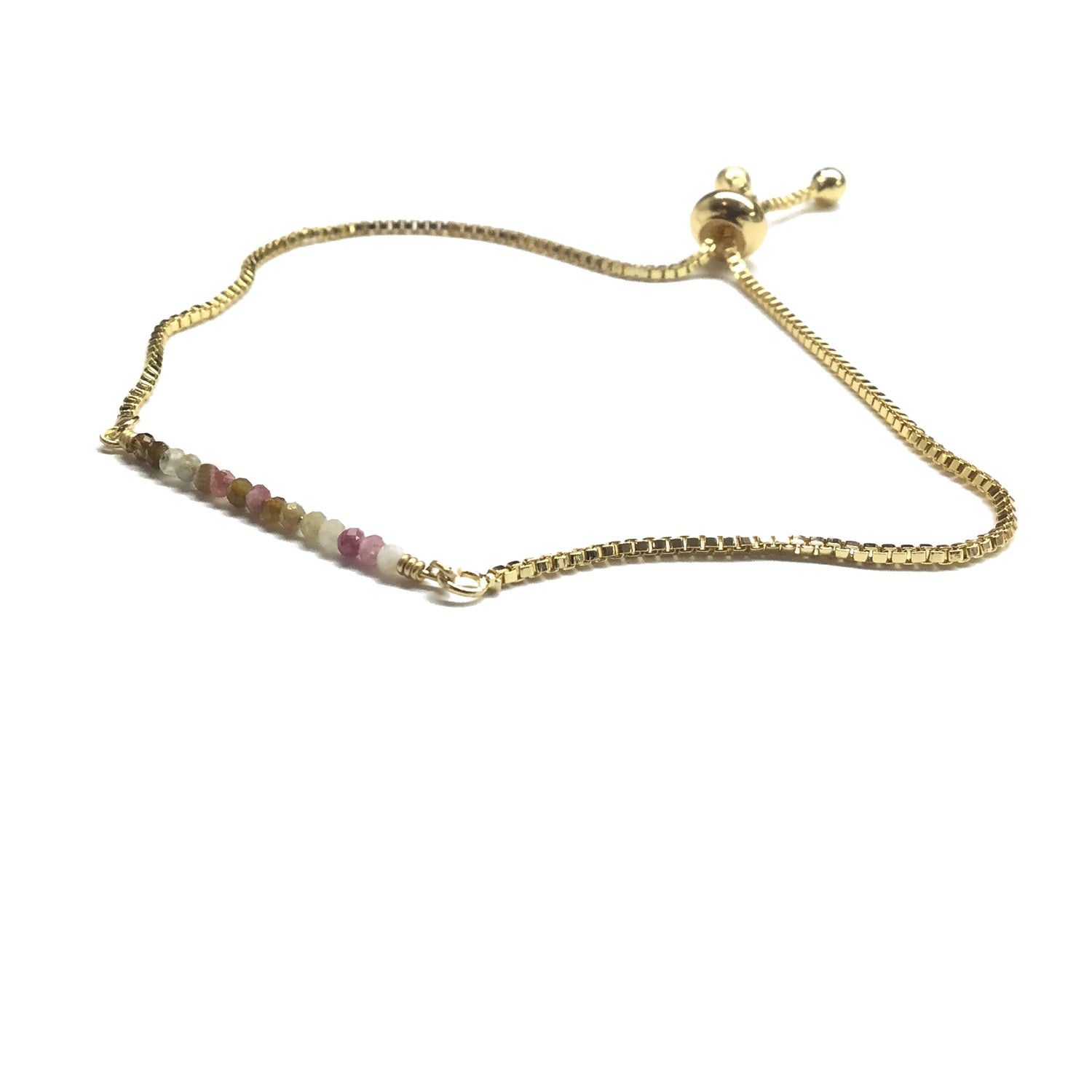 Natural tourmaline gemstone bar gold stainless steel box chain adjustable bracelet