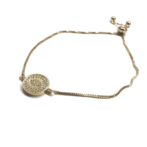Gold evil eye cubic zirconia stainless steel adjustable box chain bracelet