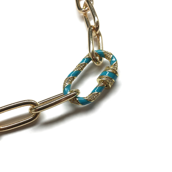 oval turquoise carabiner lock cz paperclip necklace