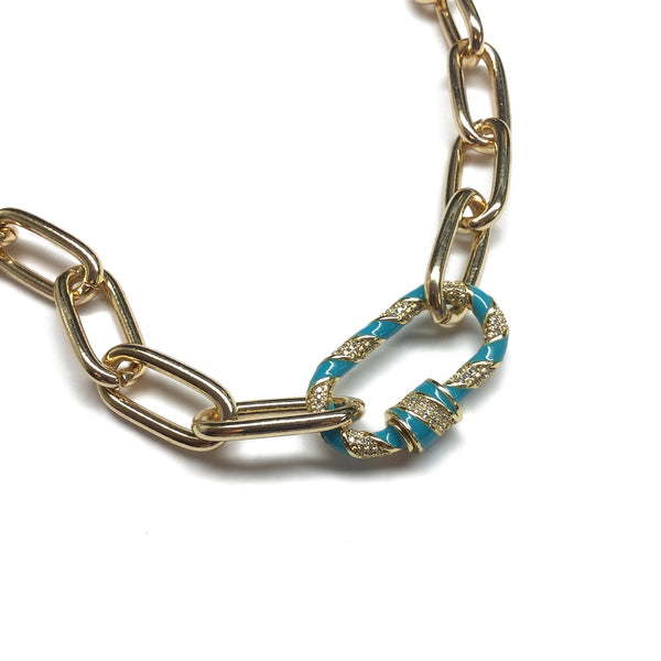 gold paperclip chain turquoise gold cubic zirconia carabiner lock sparkly necklace