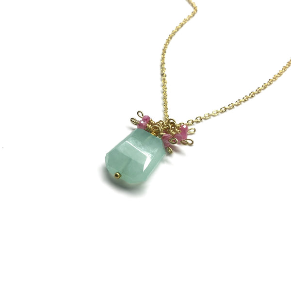 Green Chalcedony Gemstone with tiny Pink Moonstones Necklace