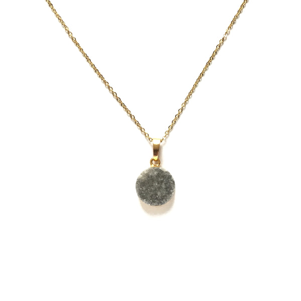 Gold electroplated edge grey druzy round pendant necklace