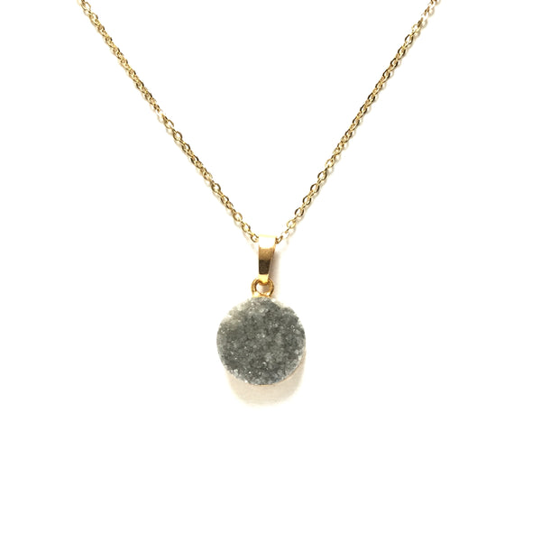 Gold plated electroplated edge grayy druzy round pendant necklace