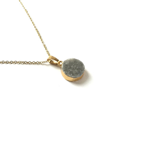 Gold electroplated edge grey druzy round necklace