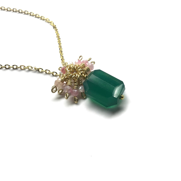 emerald green onyx faceted gemstone pink moonstone gold necklace
