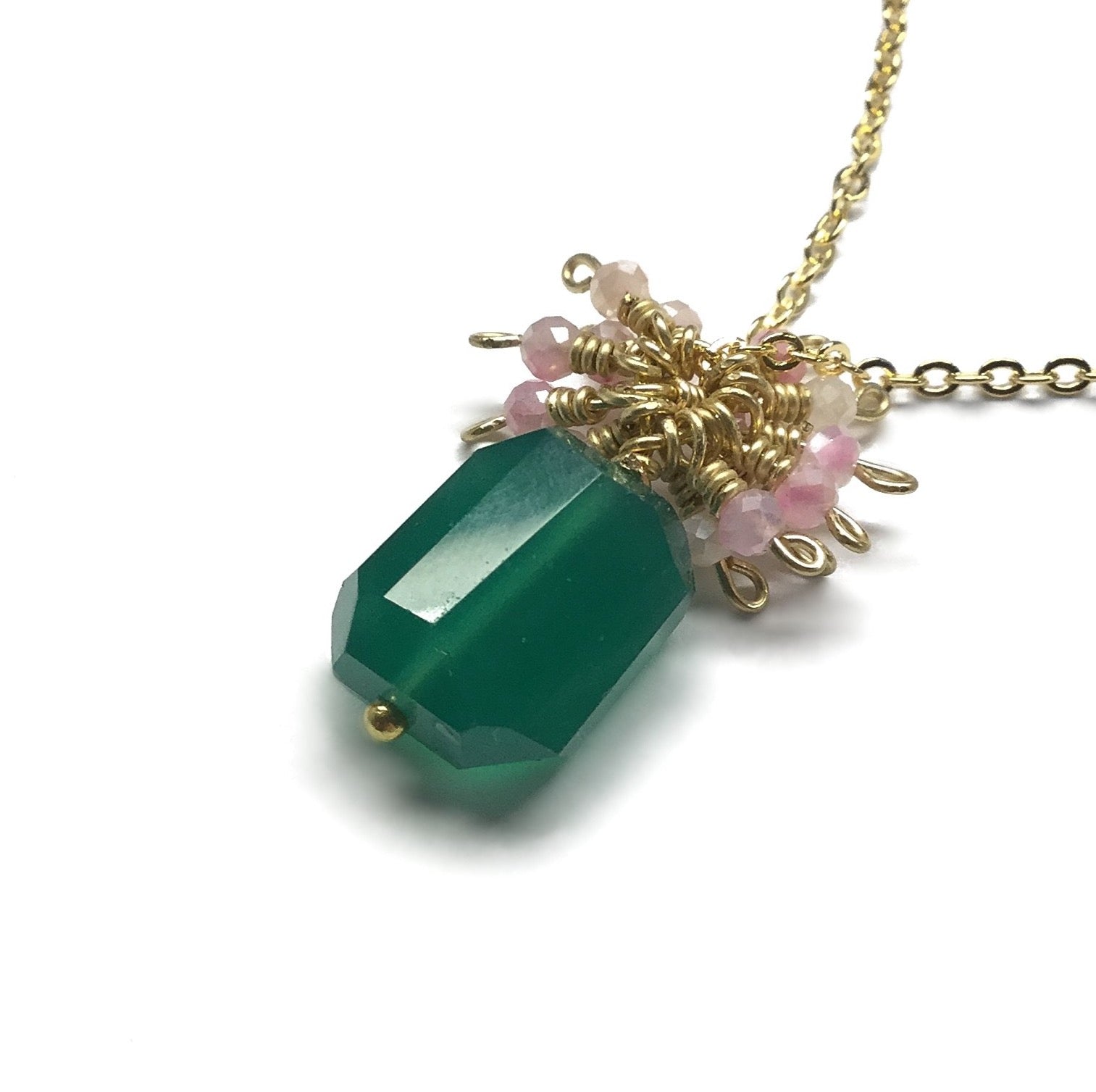 faceted green emerald onyx pink moonstone gemstone necklace