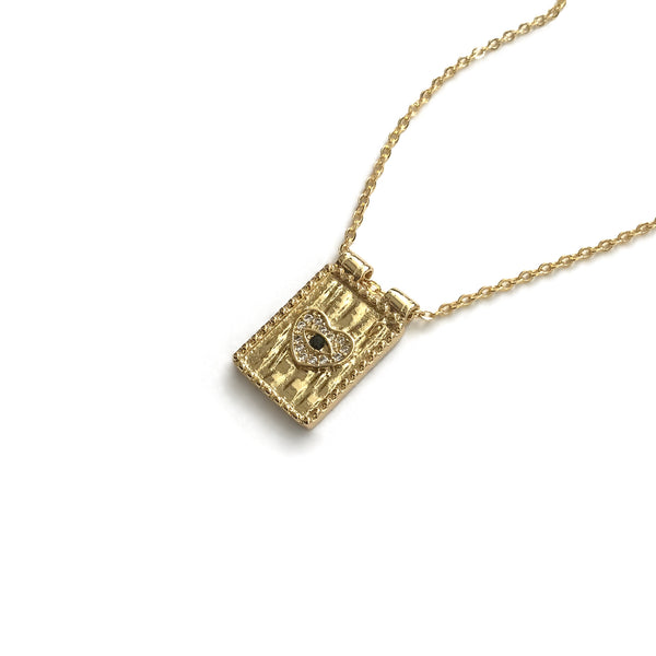 gold evil eye heart cz rectangle pendant necklace