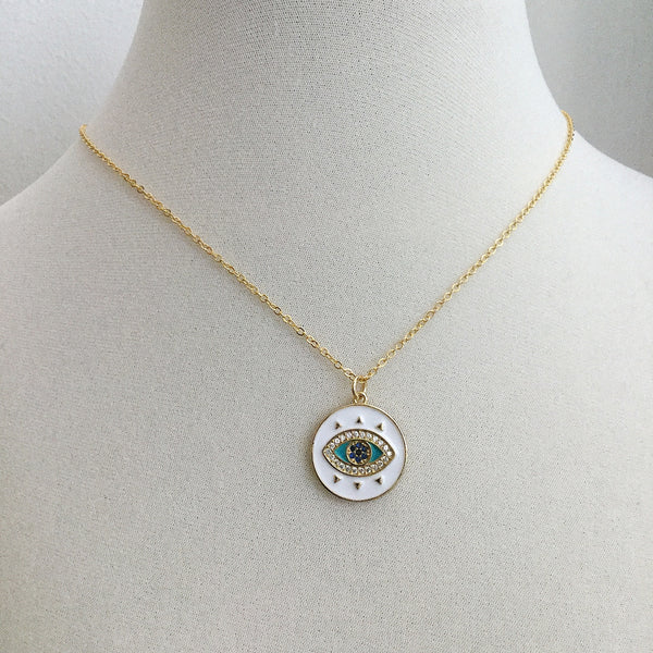 evil eye white blue cubic zirconia coin necklace