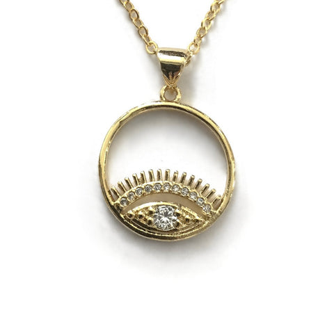 gold evil eye cz starburst sun coin necklace