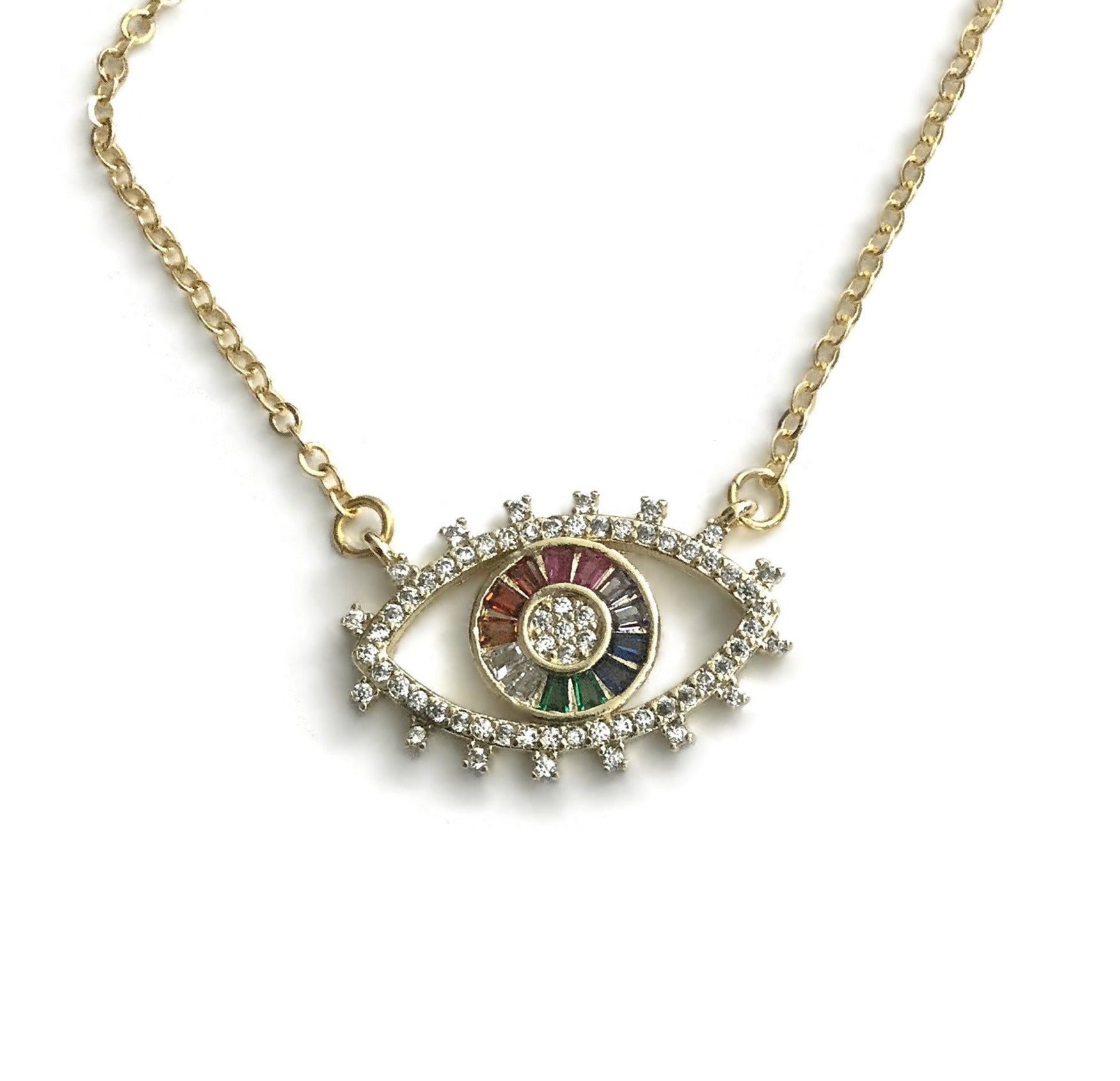 gold evil eye multi colour rainbow cubic zirconia necklace