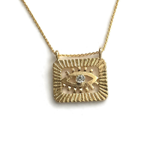 gold evil eye medallion tag cubic zirconia necklace