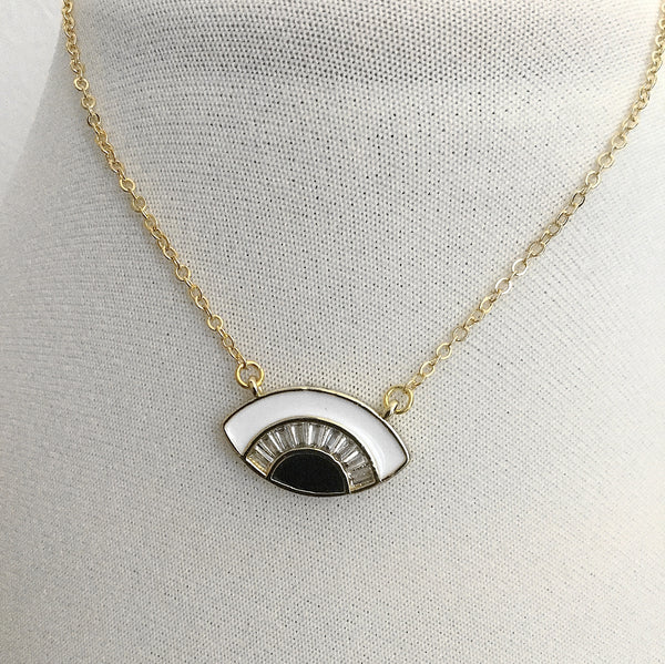gold art deco evil eye cubic zirconia diamonds enamel white black necklace